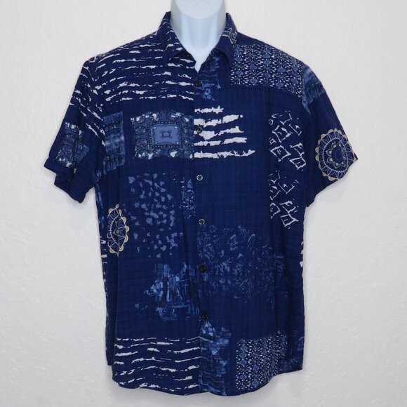 JOGAL* Men's Short Sleeve Button Down Curved Hem Semi-Sheer BOHO Shirt~ Large - Picture 1 of 9